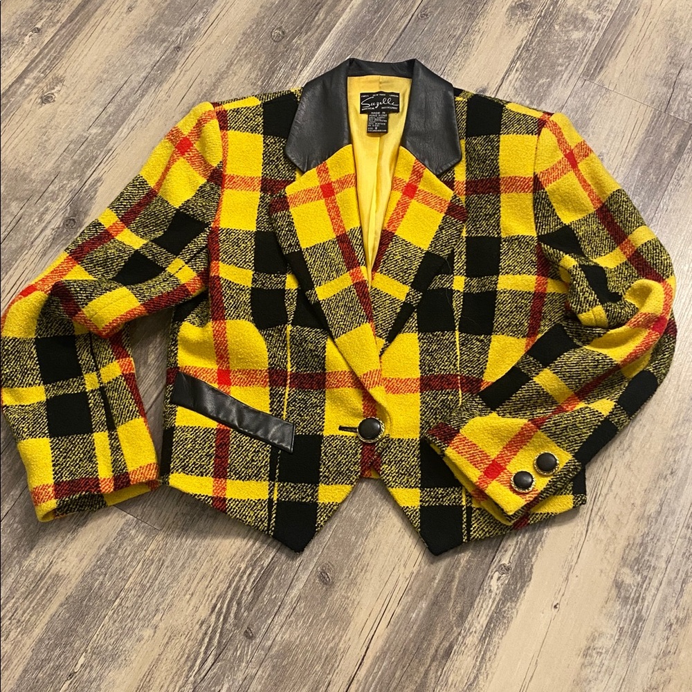 Vintage Suzelle Clueless Crop Yellow Plaid Tartan Wool Jacket Size 6